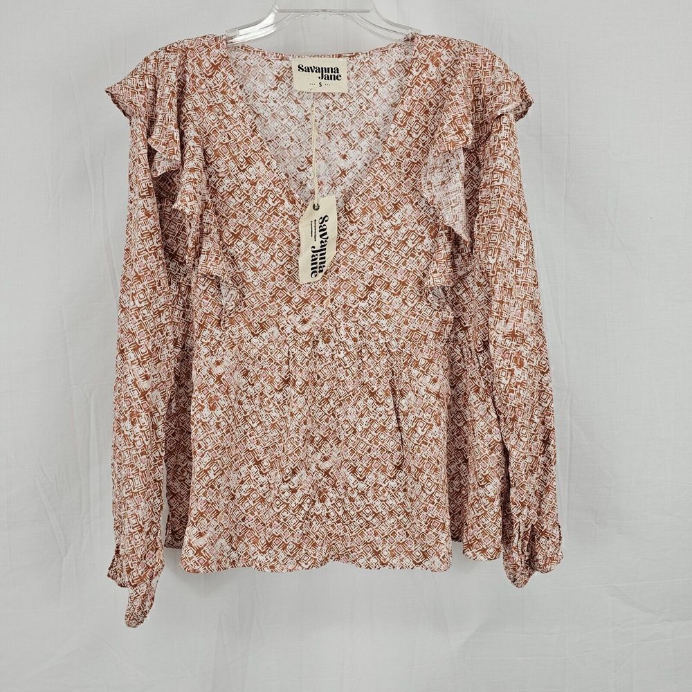Savanna Jane Orange White Pink V Neck Ruffle Women's Size Small Top Long Sleeve